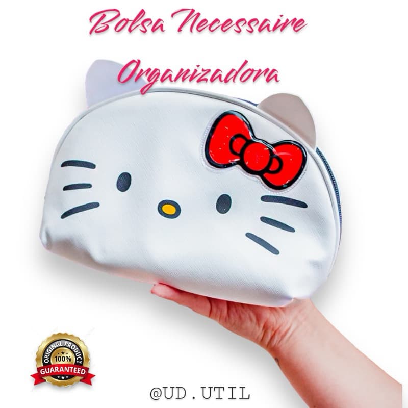Necessaire Bolsa Organizadora Hello Kitty Com Aplique de Laço Multiuso Original Sanrio