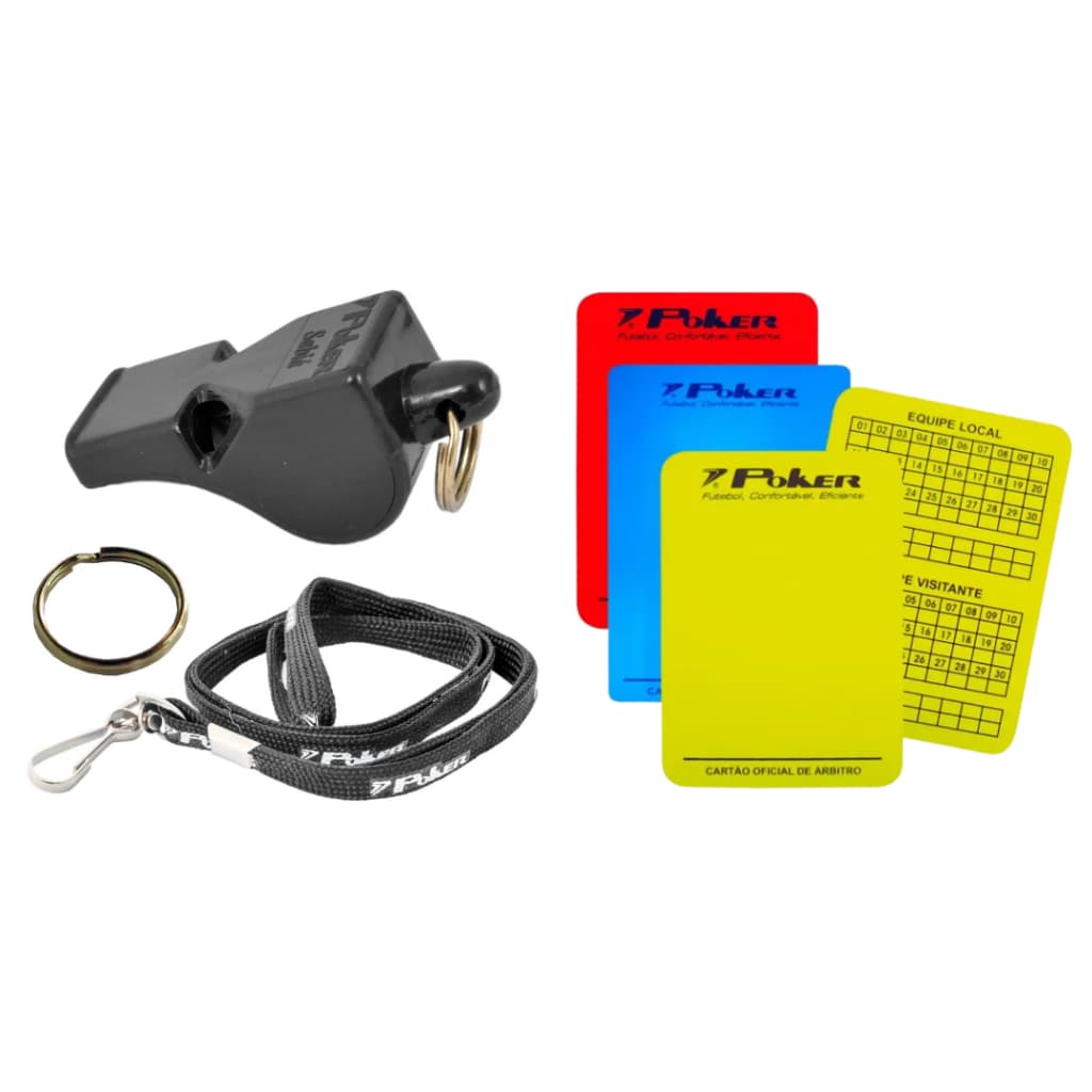 Kit Apito + Cartão Árbitro Amarelo Azul Vermelho Profissional Futebol Poker