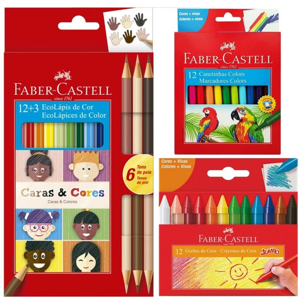 Kit Lápis De Cor Faber Castell 12 Cores + 6 Tons de Pele Caras e Cores