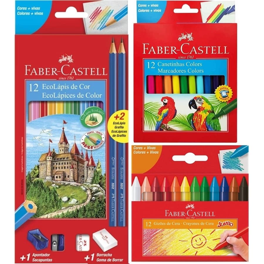 Kit Lápis De Cor Faber Castell 12 Cores + 2 Grafite + Borracha + Apontador Imperdivel
