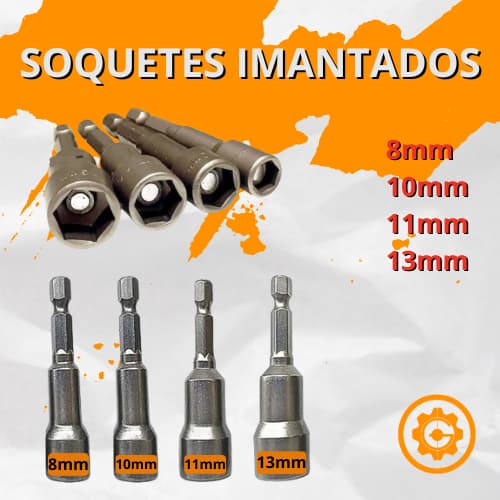 Jogo Soquetes Sextavado Magnético 8 a 13mm (4 Peças) – Ponteira Tipo Canhão p/ Furadeira