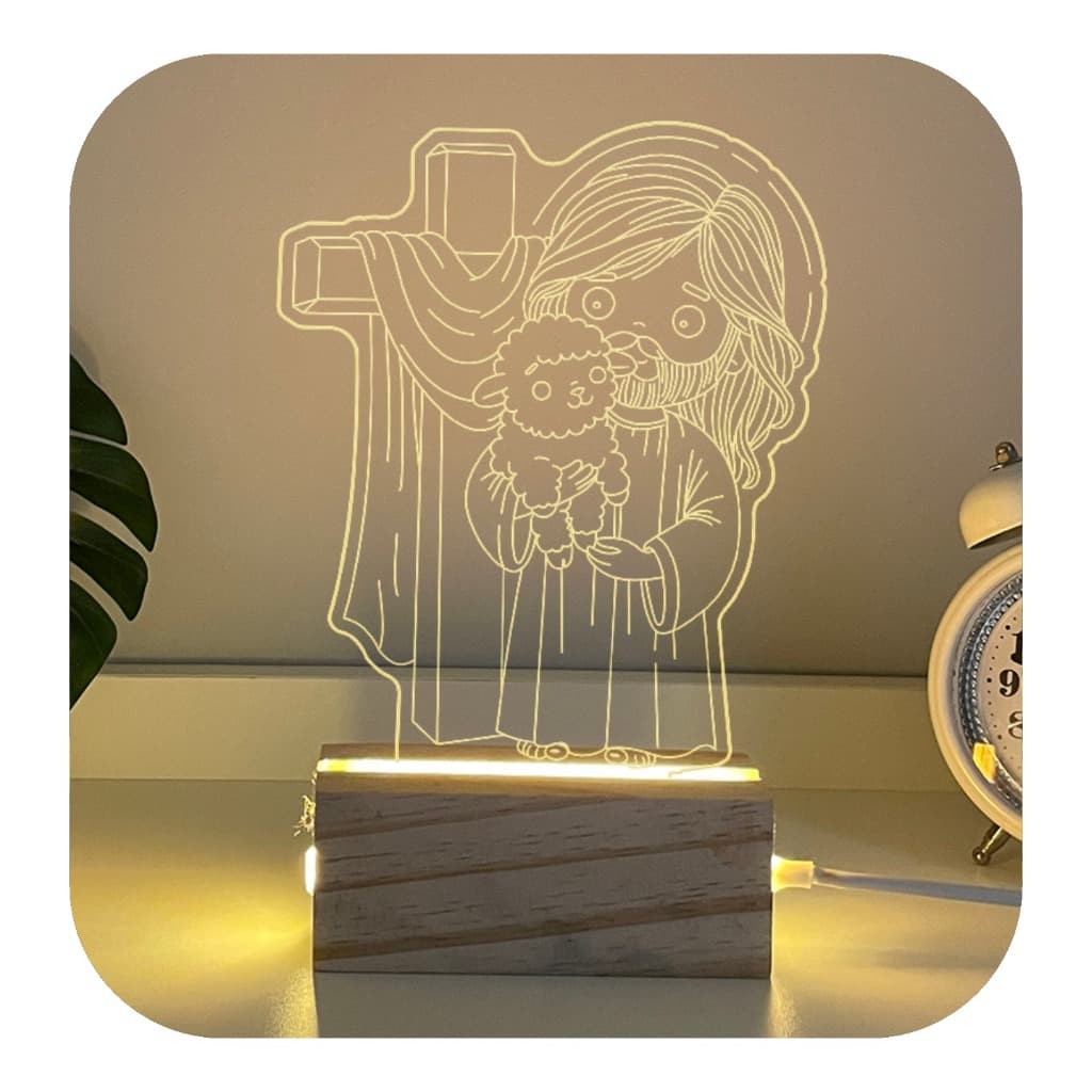 Luminária Led Jesus Pastor De Ovelhas Acrílico Em Madeira