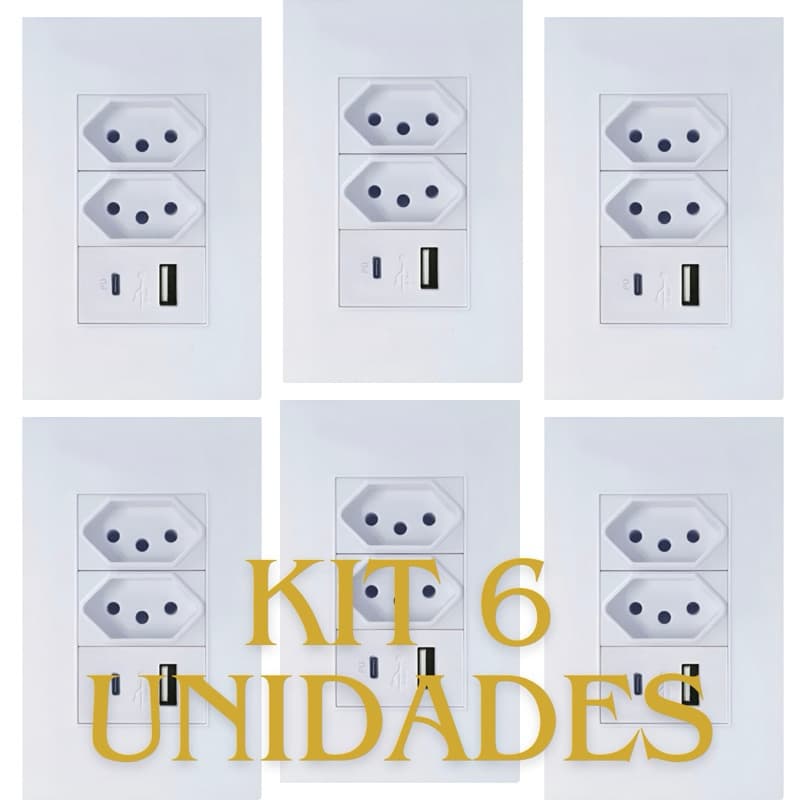 kit 3/6 Tomadas de Parede Dupla Com Entrada Usb E Tipo C 5V Bivolt 3 pinos finos - 4 em 1 Multi Carregamento