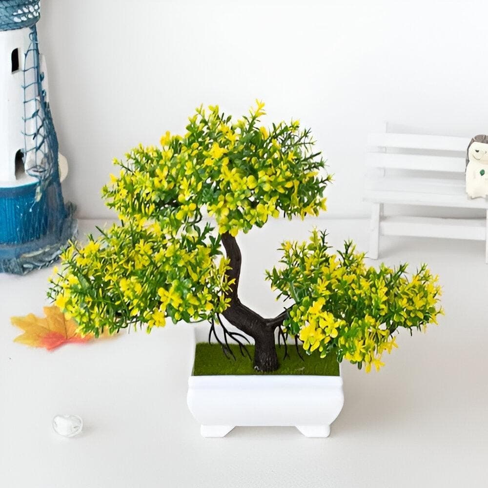Planta Bonsai Artificial De Plástico Natural Realista VERDE COM AMARELO