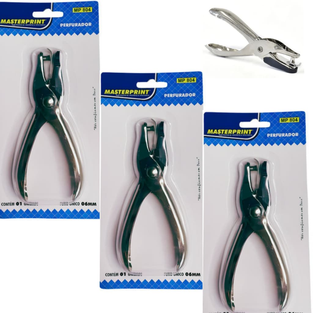 3 Furador Perfurador de Papel Alicate em Metal Aço Resistente 1 Furo MasterPrint