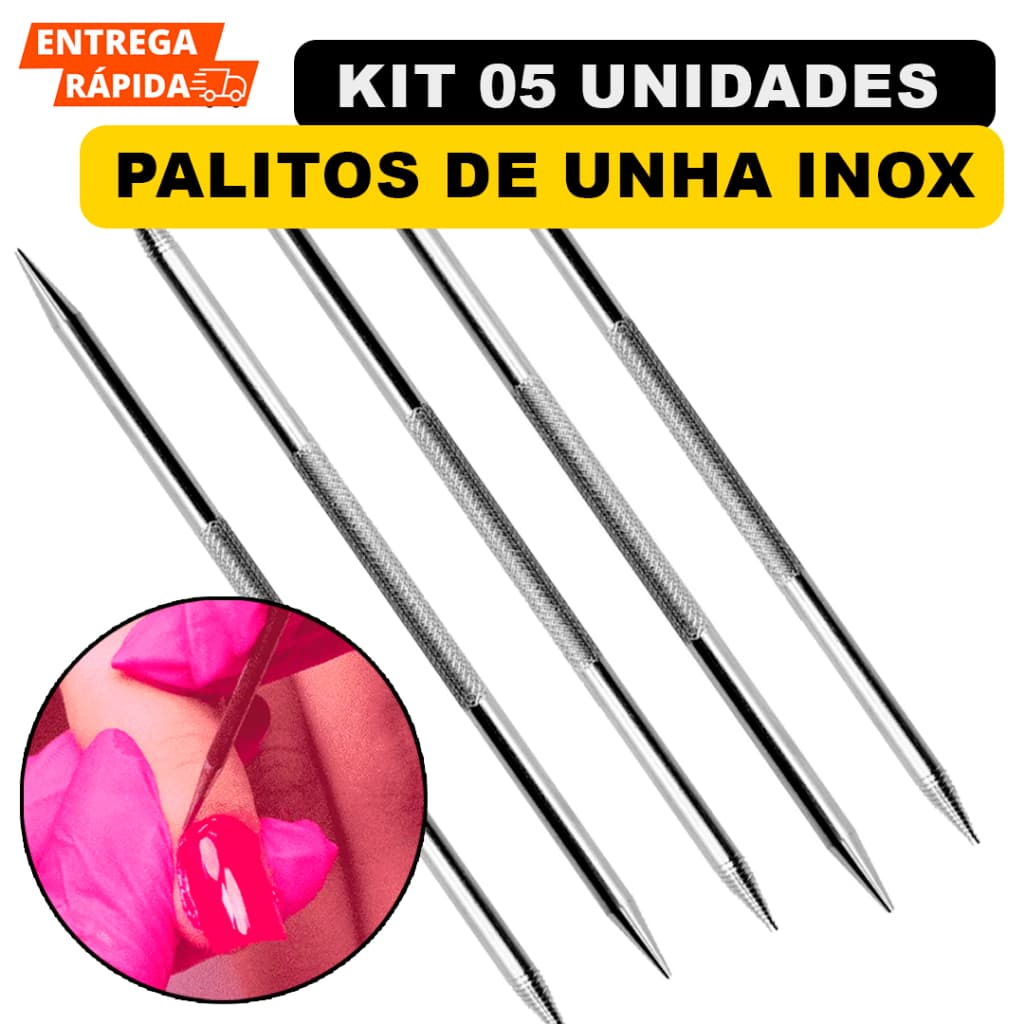Palito De Unha Em Inox Kit 05 Palitos Com Ponta Dupla Para Manicure Limpeza Cutículas Cuidados