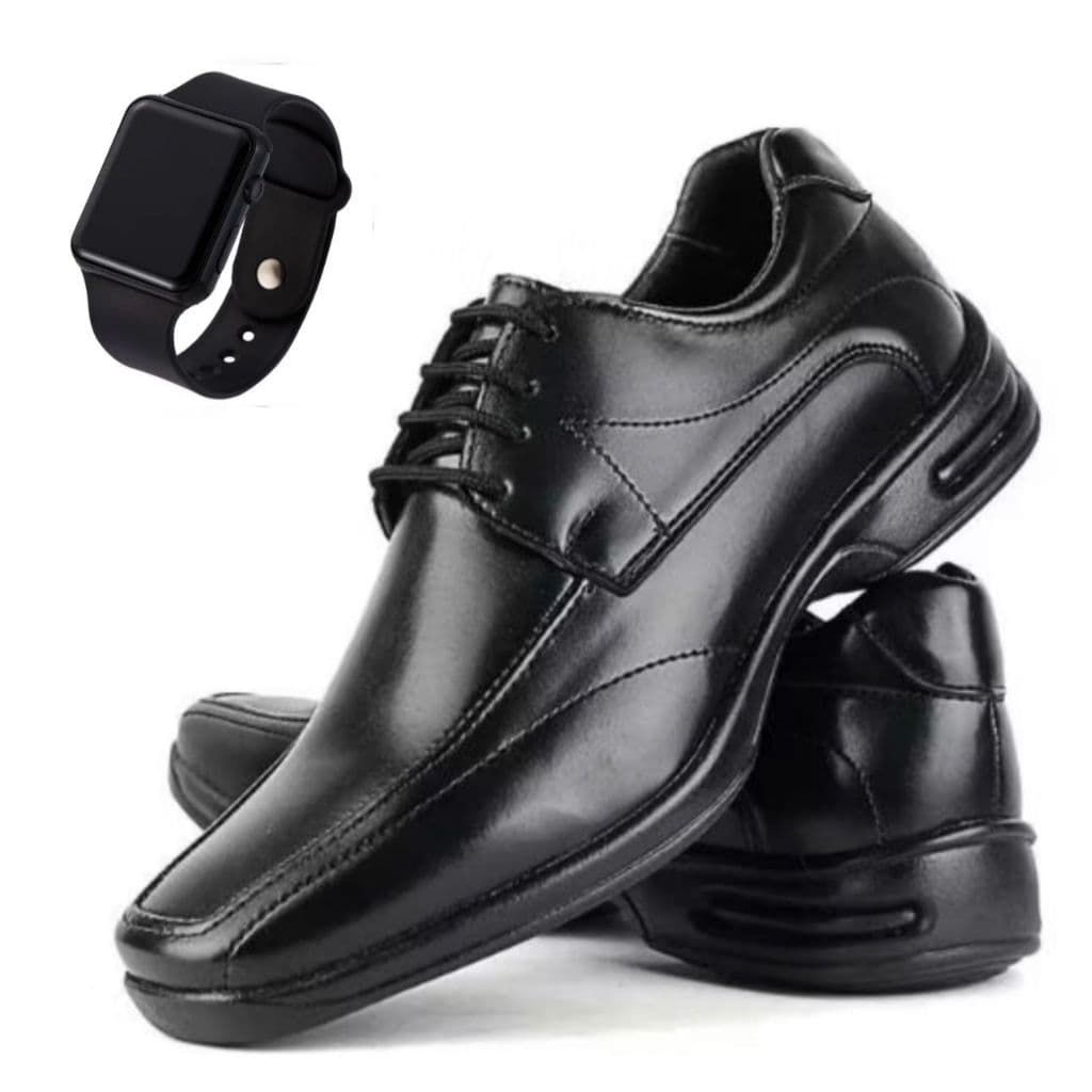Sapato Social Masculino Ortopedico Macio de Couro Premium Super Leve Confortável + Relogio