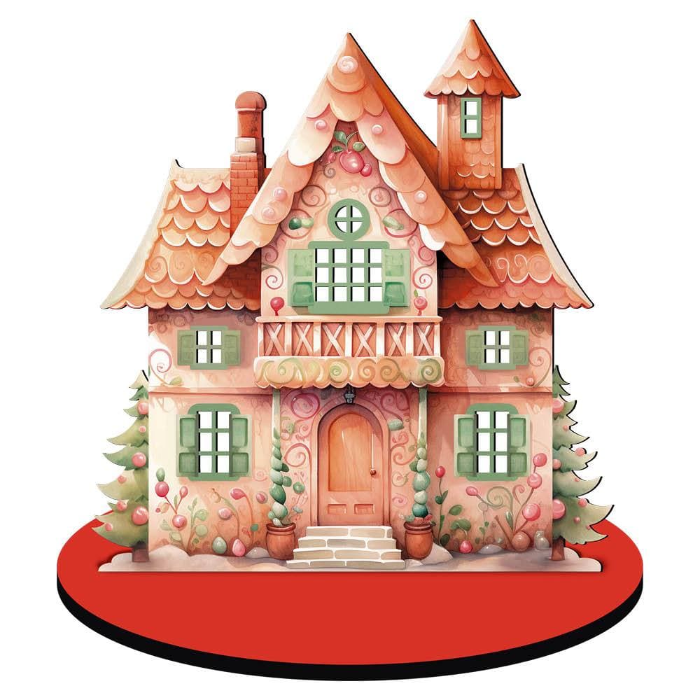 Enfeite de Mesa Natalino Casa Com Chaminé Gengibre Ginger Rosa Decoração Natal Suporte Base MDF