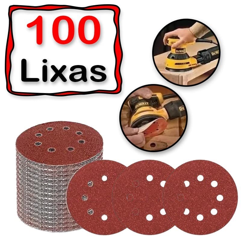 Kit 100 Disco Lixa para madeira metal massa e similares 125mm 8 Furos lixa roto orbital