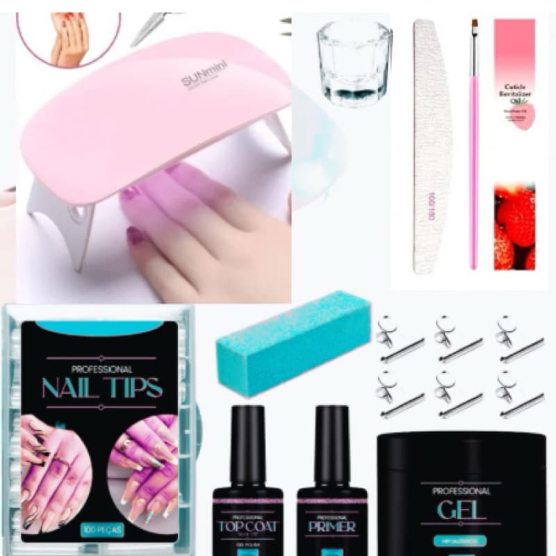 Kit Alongamento De Unha Gel Cabine Estufa Sun Mini 6w + Top Coat + Primer + 100 Unhas Tips/Acrigel/Porcelana