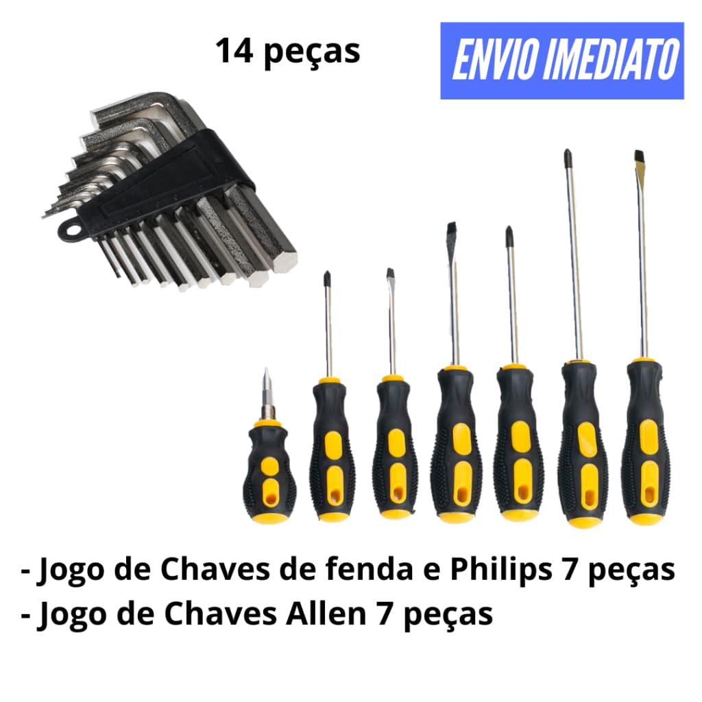 Jogo de Chaves Fenda e Philips + Jogo de Chaves Allen, 14 peças