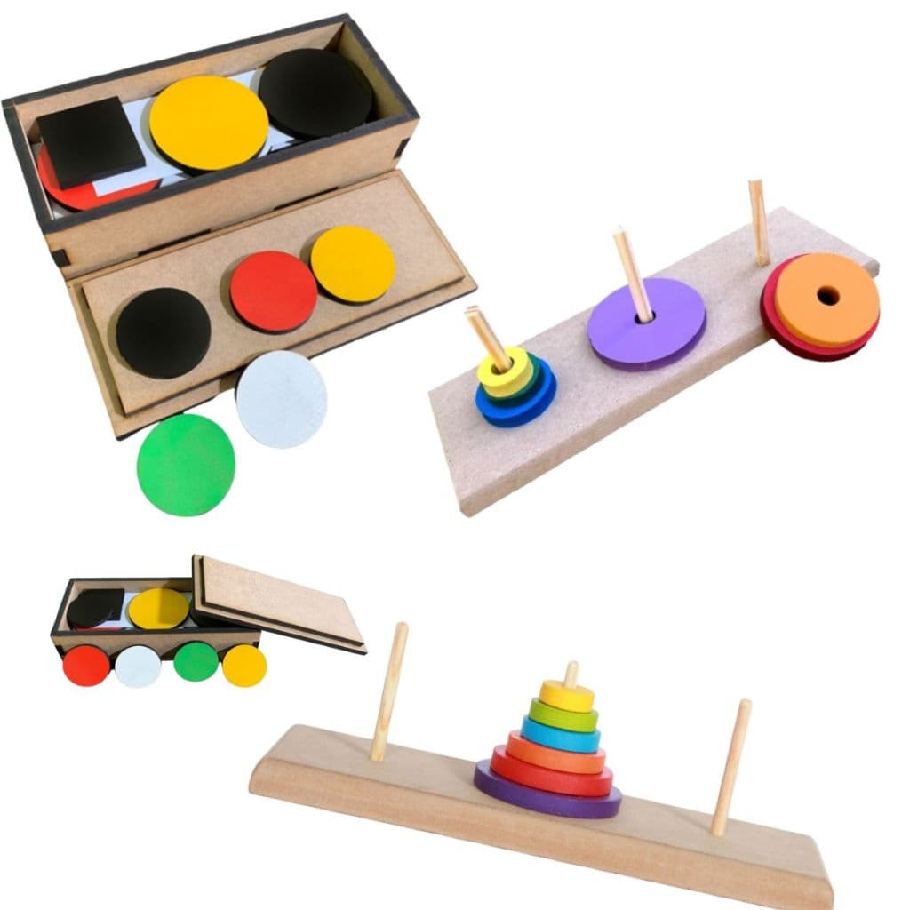 TESTE TOKEN + TORRE DE HANÓI em Madeira e EVA Colorido Montessori Brinquedo Educativo Pedagógico