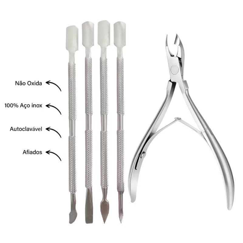 Kit Manicure profissional 5 Peças (Alicate + Palito + Desencravador + Espátula + Raspador) Aço Inox autoclave pedicure