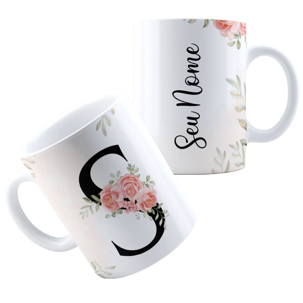 Caneca Xícara Personalizada Estampada Com Nome Inicial Floral Flores
