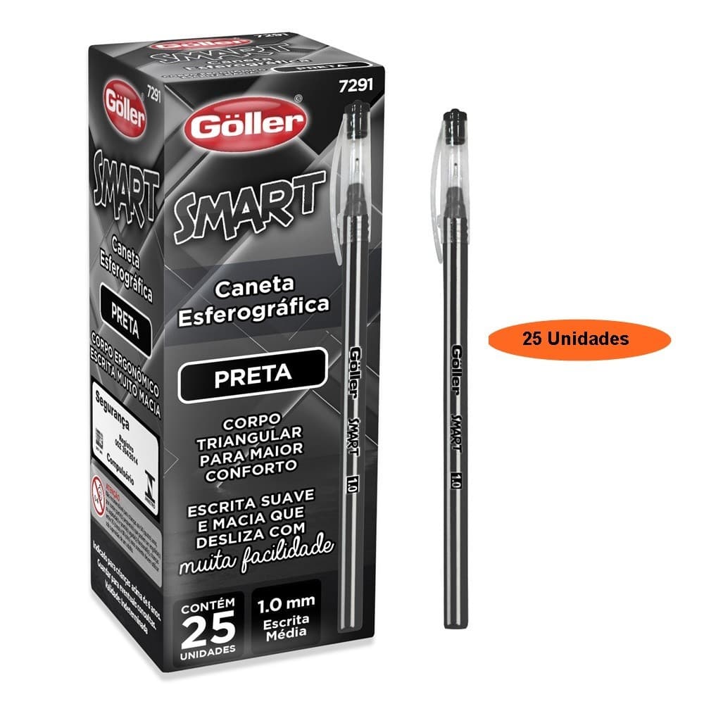Caneta Esferográfica Preta Smart 1.0 mm Caixa Com  25 Peças