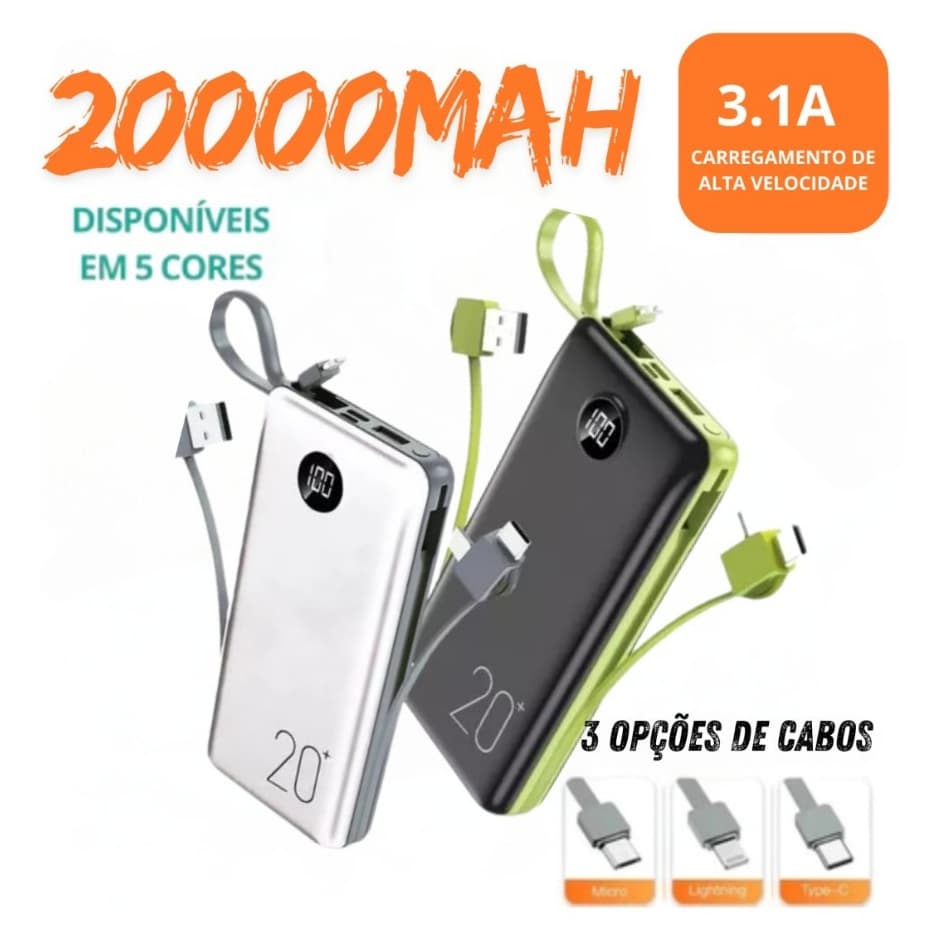 Carregador Power Bank 20.000mah Portátil Turbo Ultra Rápido
