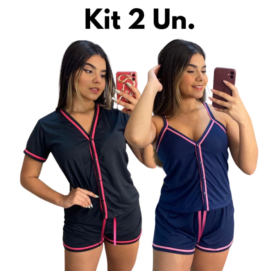 KIT 2 Pijama Feminino Americano/ Conjunto Baby Doll/ Meia Manga/ Alcinha