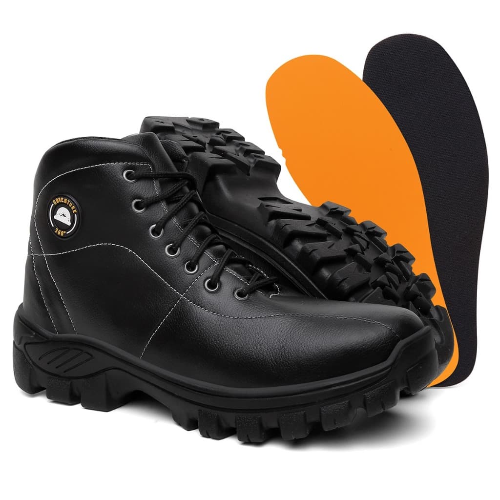 Bota Masculina Preta Adventure Couro Sintético Com Cadarço
