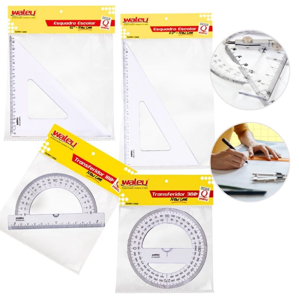 Kit 4un Transferidor 180 e 360 Graus Esquadro 45 e 60 Graus Escolar Matemática Geometria