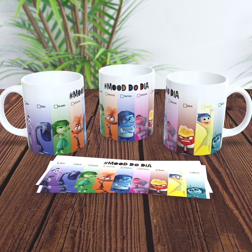 Caneca branca personalizada sublimação divertidamente mood do dia Alegria Tristeza Medo Nojinho Raiva inveja sentimento