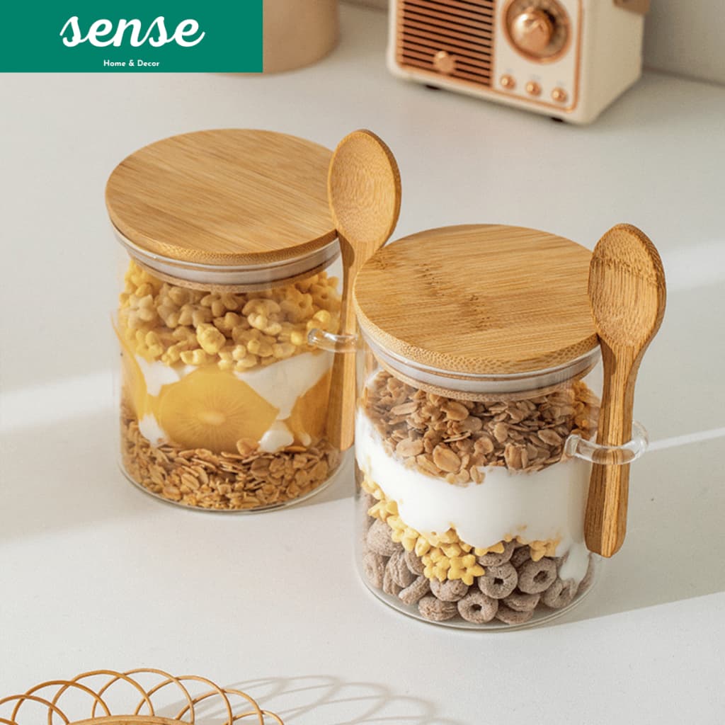 Pote De Vidro Redondo/Quadrado Tampa Bambu Hermético Com Colher 450ml/550ml/650ml