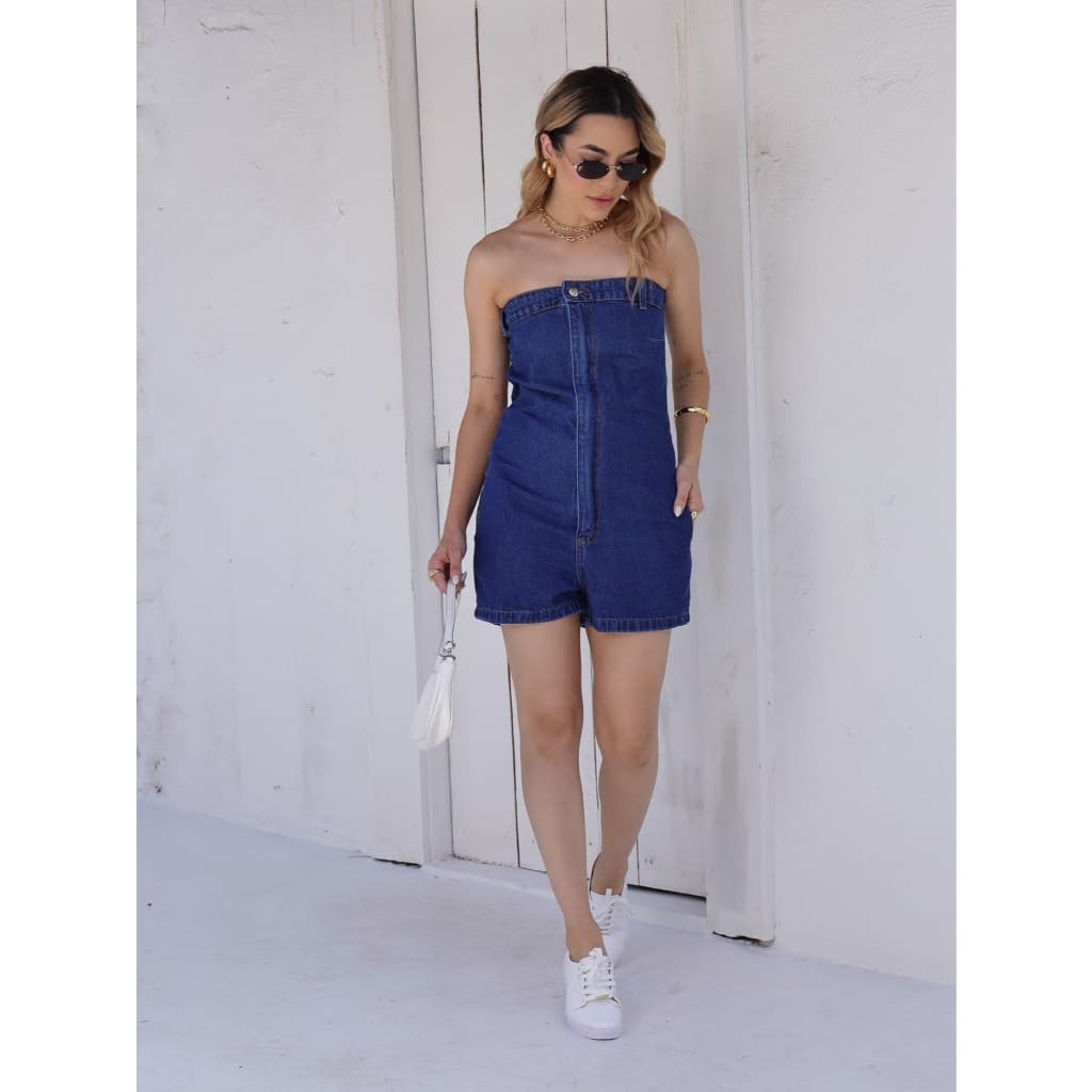 macaquinhos jeans tomara que caia , trás com elásticos ,tecido 100 % Algodão, sem lycra, tamanho 36 até 44 , comprimento