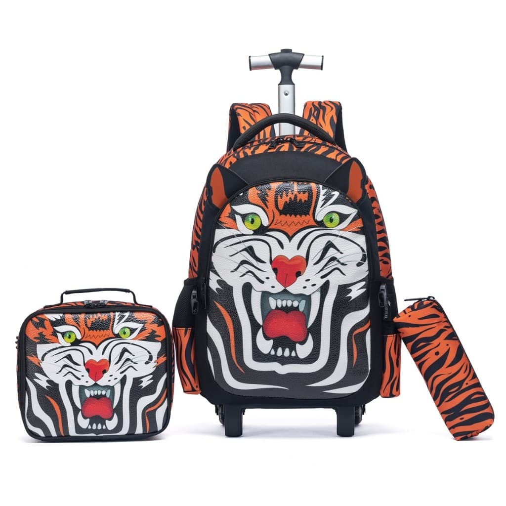Kit Mochila de Rodinha Infantil Lancheira Térmica Estojo Tigre