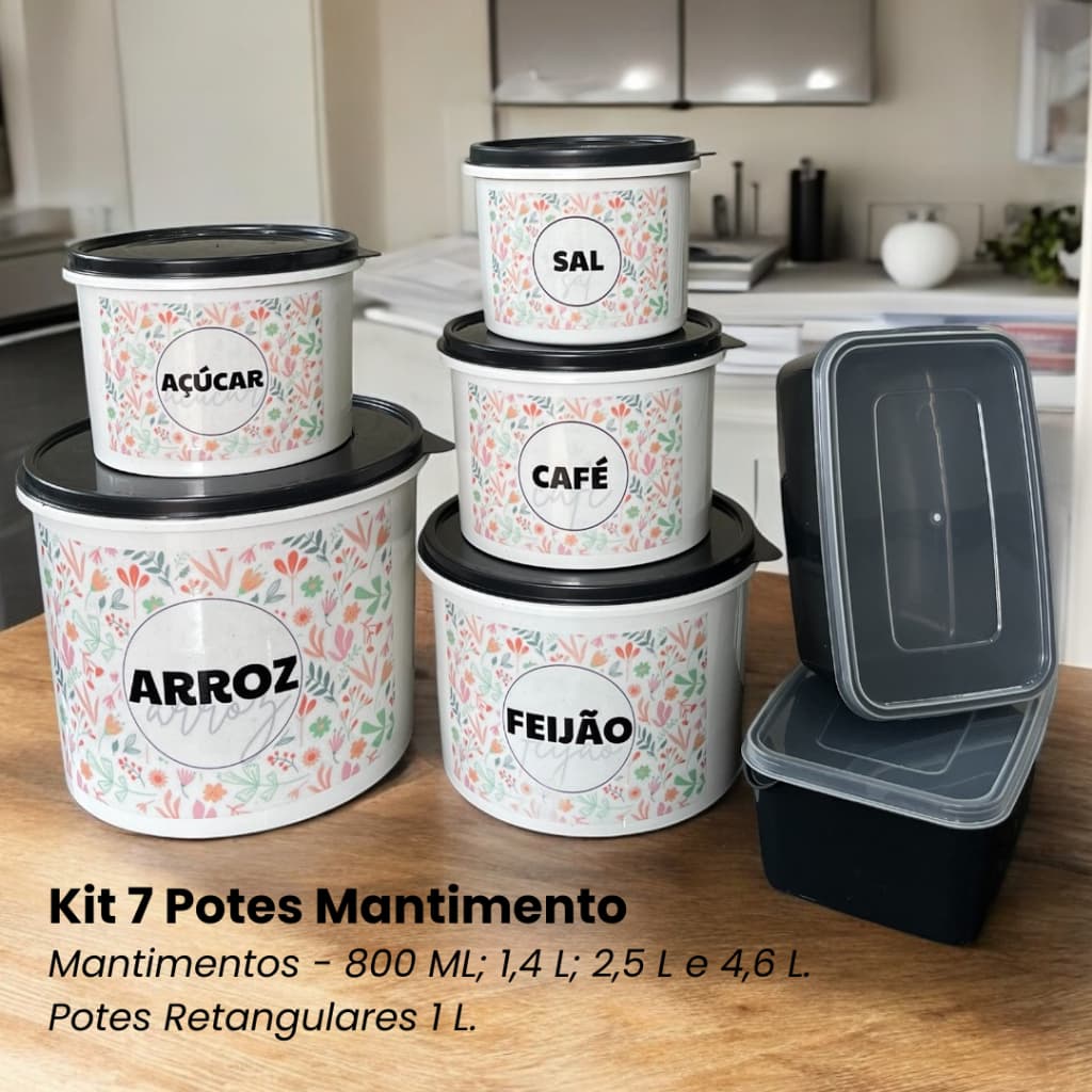 Kit 7 Potes Organizadores Cozinha - 5 Porta Mantimentos Arroz Feijão Café Açúcar Sal + 2 Marmitas
