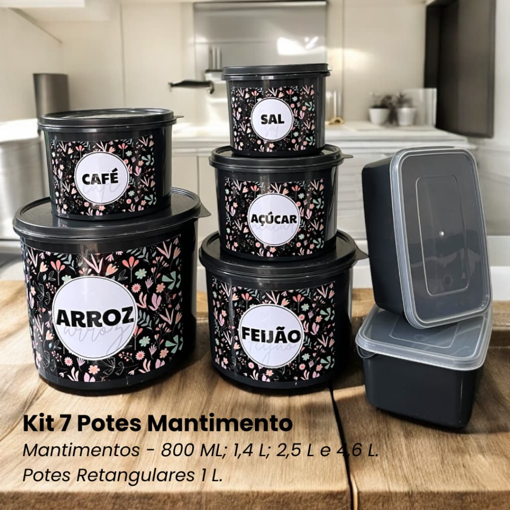 Kit Organizador Cozinha 7 Potes - 5 Porta Mantimentos + 2 Marmitas Retangulares Tampa Transparente