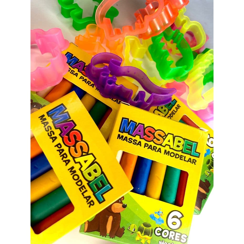 Kit 10 Massa de Modelar + 10 Mini Giz + 20 Forminhas Moldes P/ Kit Festa Aniversario Prenda Criança