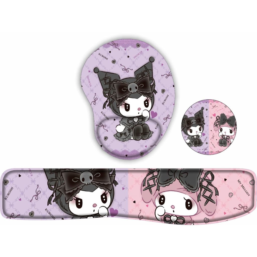 Kit Mouse Pad + Apoio de Teclado Ergônomico + Apoio de copo Sanrio Kuromi Hello Kitty e Amigos