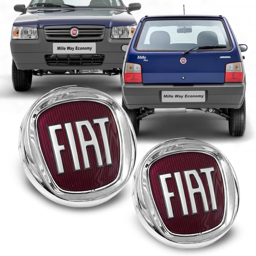 Kit Emblema Logo Fiat Grade Porta Mala Uno Mille Way Fire Economy 2004 a 2012 Dianteiro 8,5cm Traseiro 7,5cm