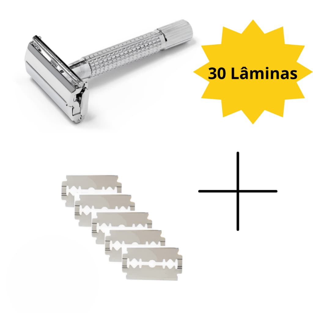 Kit Aparelho de Barbear Retrô Clássico Antigo + 30 Lâminas Aço Inox Profissional Articulado
