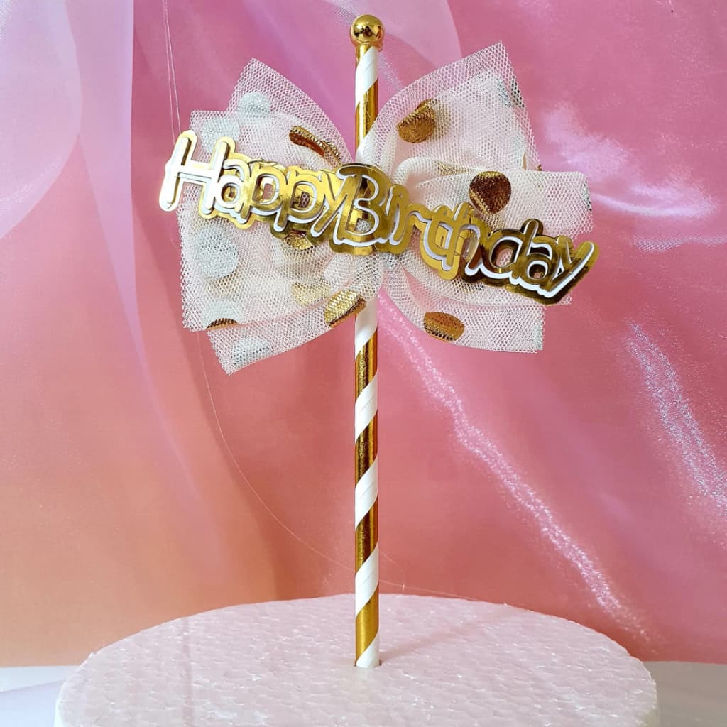 Topo de Bolo Laço - Topper de bolo Festa Feliz Metalizado Aniversário Decorativo Boleira Happy