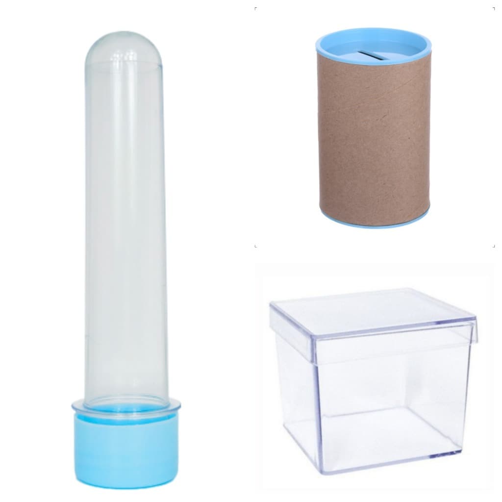 Kit Festa 90 itens - 30 Caixinhas acrilicas 5x5 30 Tubetes 13 cm e 30 Cofrinhos 10x06- Lembrancinhas