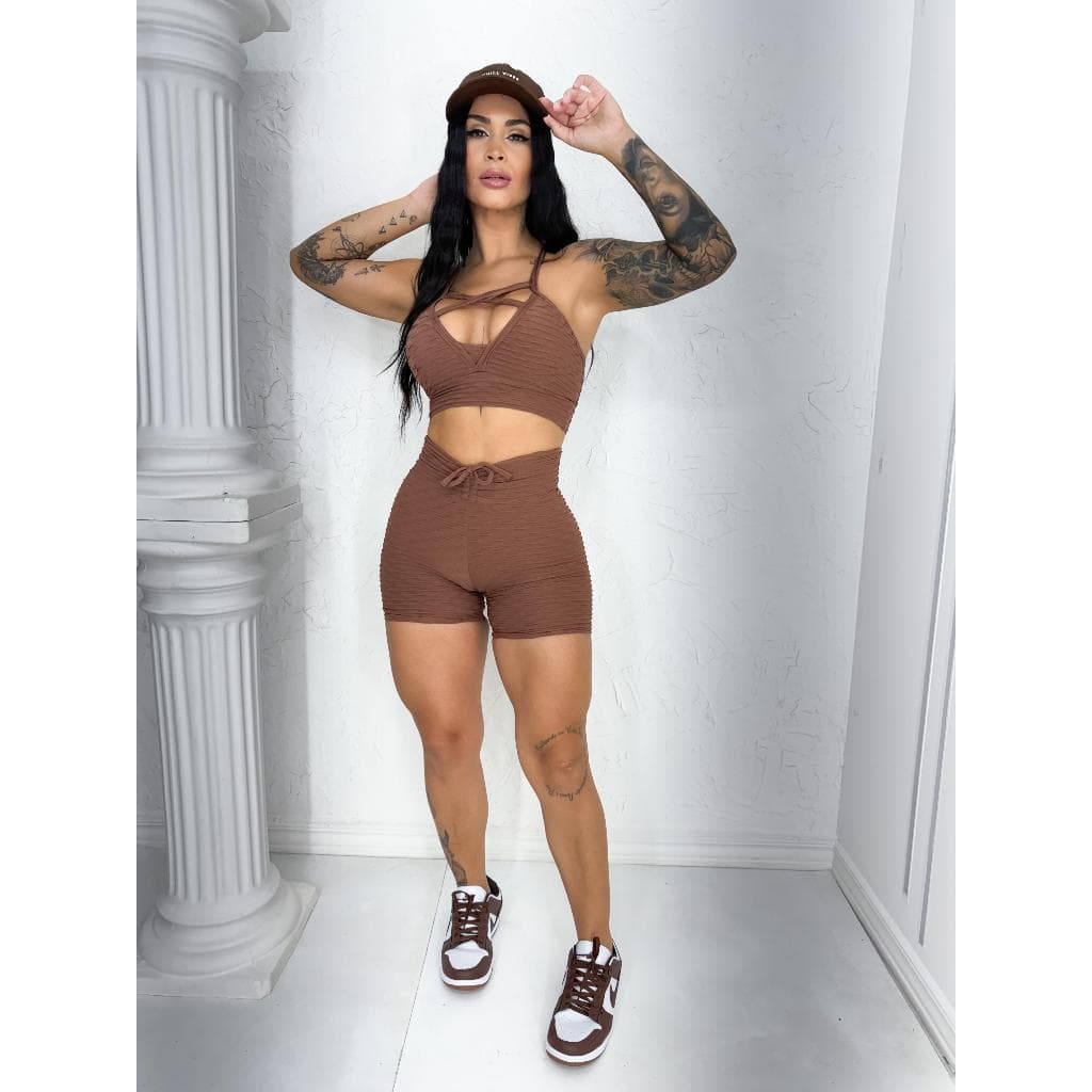 Conjunto Feminino Fitness Academia TOP SHORT DECOTE CRUZADO BROCADO Disfarça Celulite Empina Bumbum Roupa de Malhar