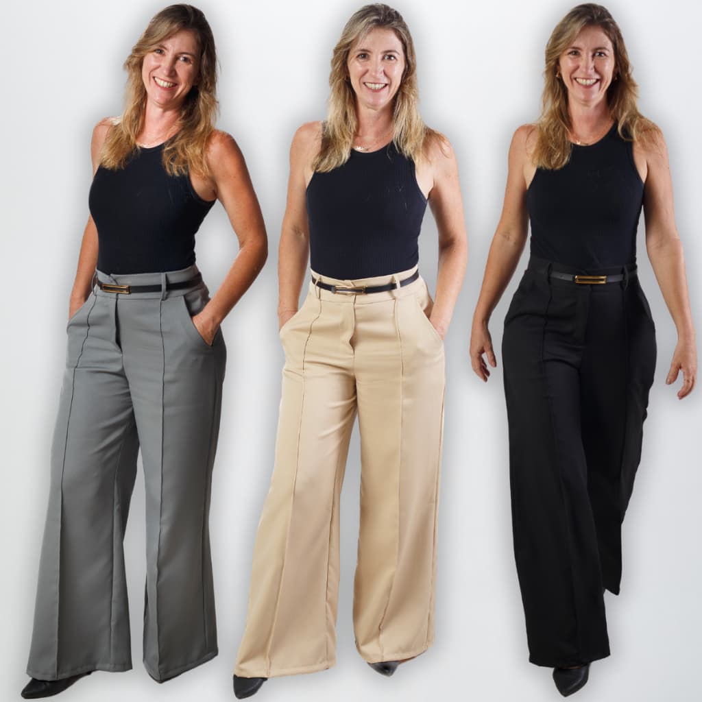Calça Pantalona Alfaiataria Feminina Cintura Alta Social Com Cinto Super Alta Qualidade Wide Leg