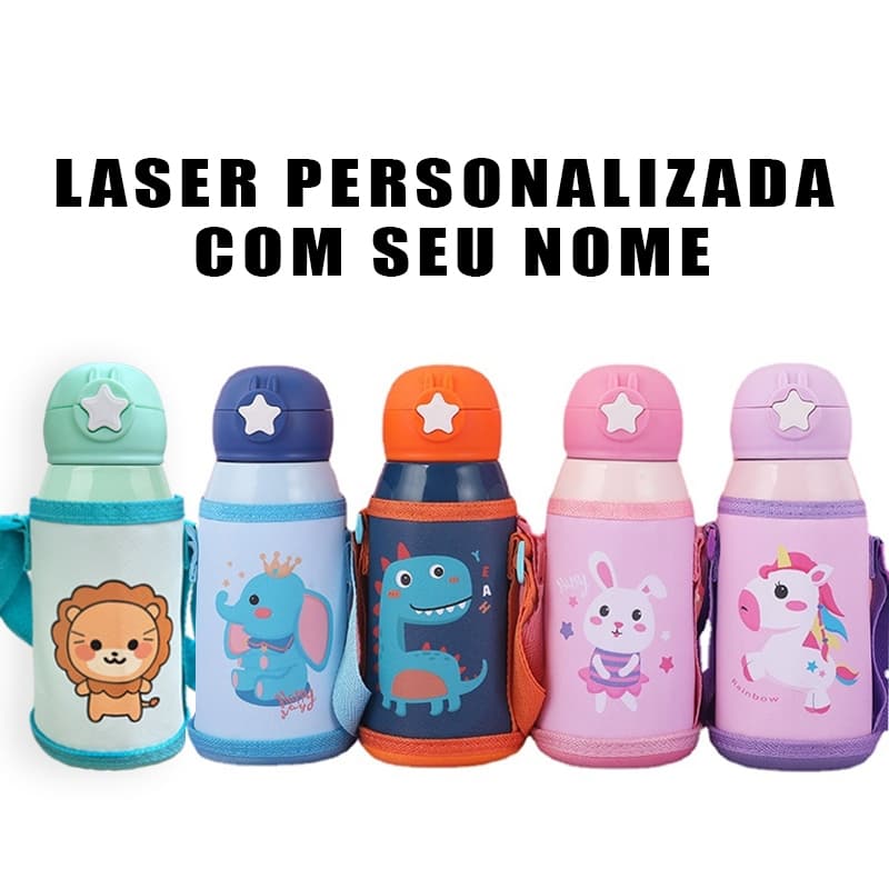 Garrafa Térmica Infantil de 500 ml Aço Inox 304 Com Alça Bolsa De Armazenamento+ Personalizada+ nome
