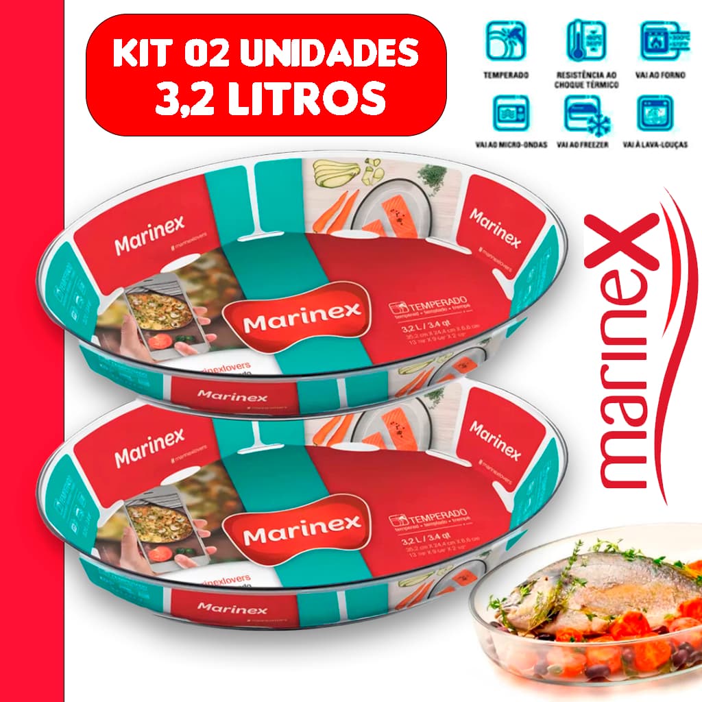 Jogo Conjunto De Assadeiras Oval de vidro 2 peças Essencial: Sobremesas Assadeira media 3,2l Marinex