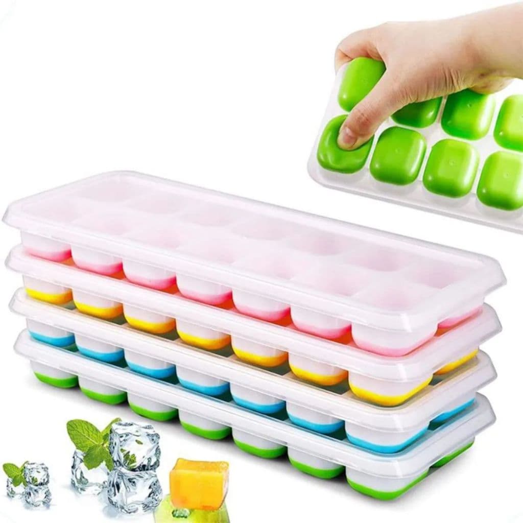 Kit 2 Formas de Gelo Cubo Fundo Silicone Flexível com Tampa Rígida Retangular Multiuso 14 cubos