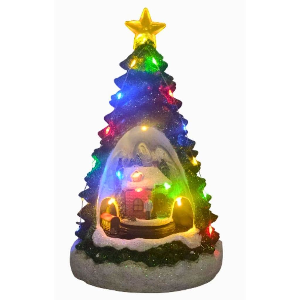 Enfeite Luxo Arvore Luz Trenzinho E Som Giratório Resina