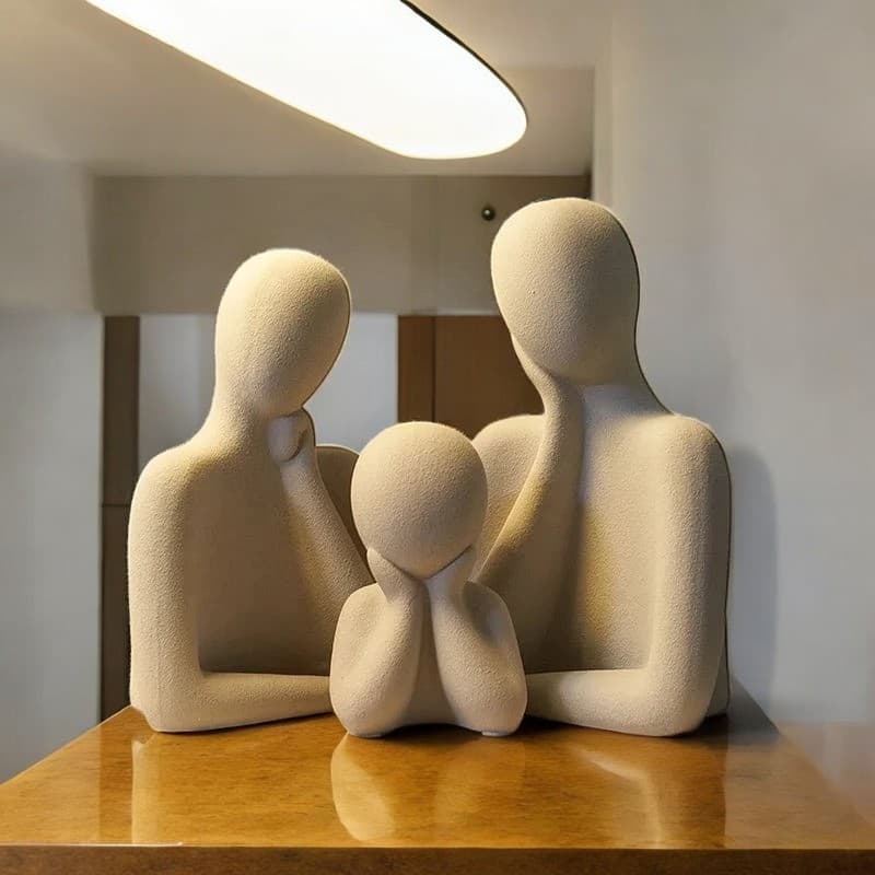 Estátua Decorativa Família - Decoração Casa Sala - Pai - Mãe - Filho - Dourado Prata Branco Preto