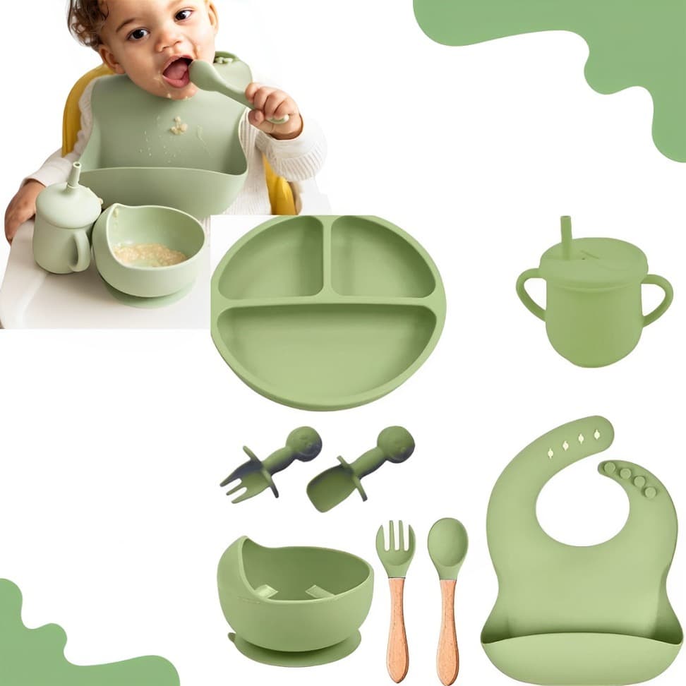 kit introdução Alimentar Bebê Prato Infantil De Silicone C/ Copo Talher Babador copo Tigela 8 peças