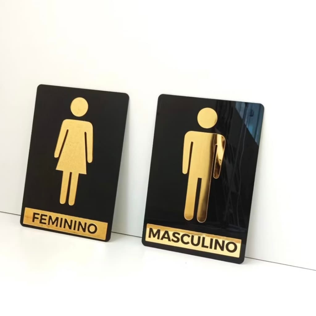 Kit Placas para Porta Banheiro Feminino e Masculino  Acrílico Espelhado - Placa Sinalização
