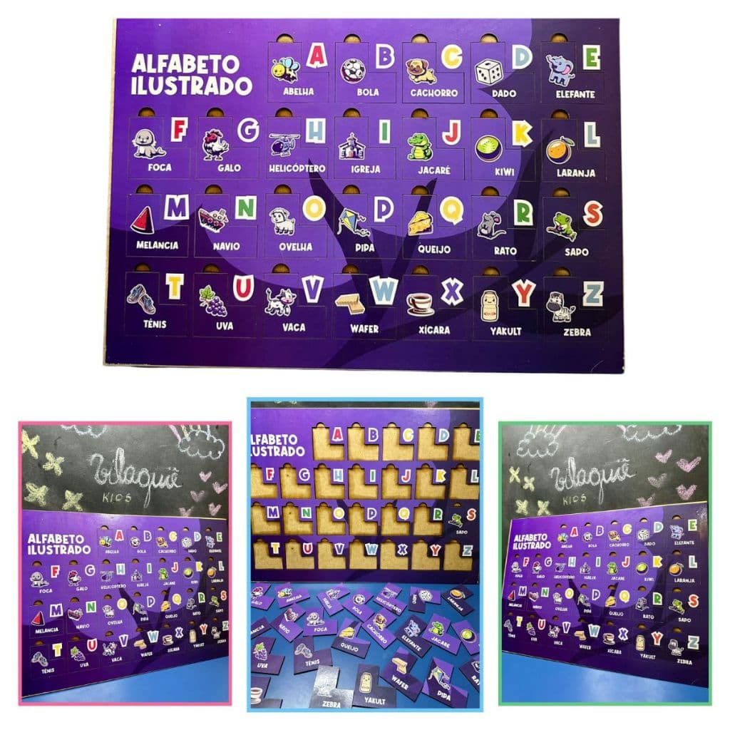 Alfabeto Ilustrado Encaixe Letras Alfabetização em MDF