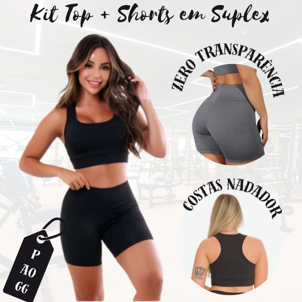 Kit De Academia Top + Shorts Legging Feminino Fitness Em Suplex Meia Coxa Cintura Alta