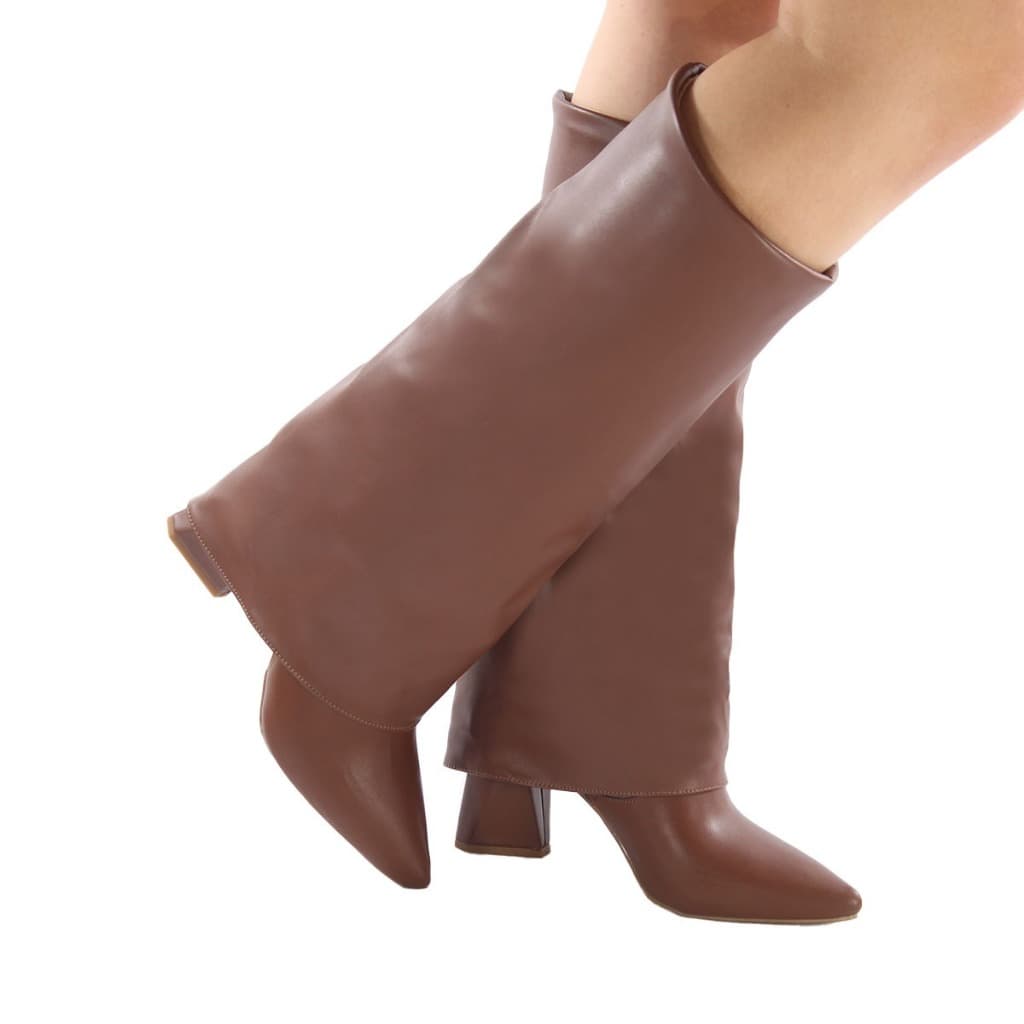 Bota Feminina Capa Gola Envelope Cano Longo Bico Fino Salto Bloco Quadrado 7,5cm Moda Macia Conforto