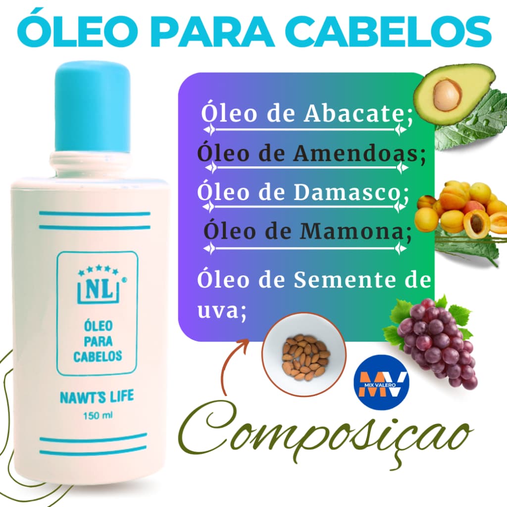 Óleo de Cabelos Nawts Live com Óleo de Abacate Óleo de Rícino Óleo de Amêndoas Óleo de Damasco e Uva