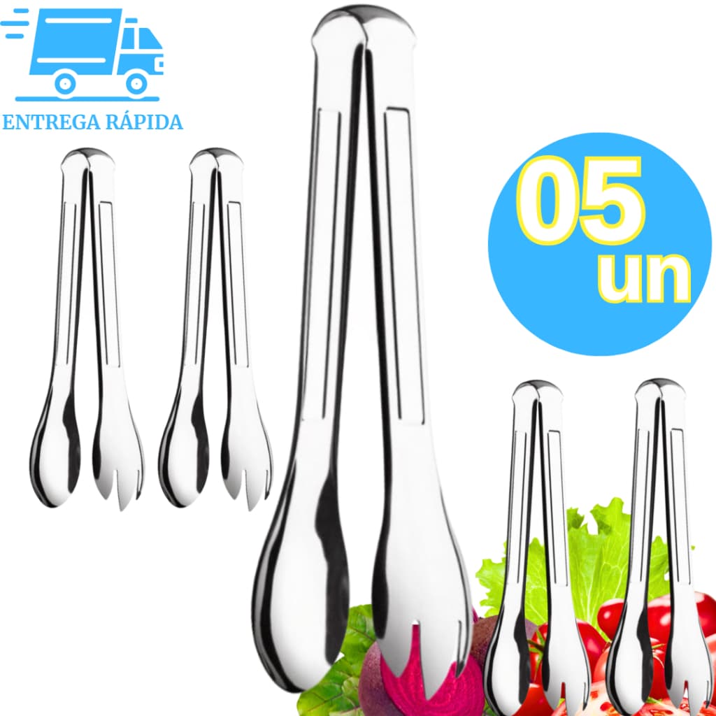 Kit 5 Pegador Pegadores de Salada Massa Multiuso 20cm Aço Inox Premium Utensílios de Cozinha