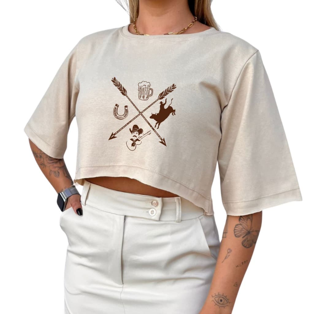 Cropped Algodão Blusinha Curta Top Estampado Flechas Country Faroeste Boiadeira